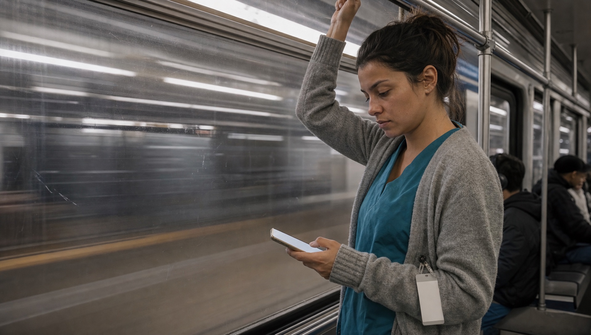 Overlay grammar previs: a commuter with the message drawn beside her
